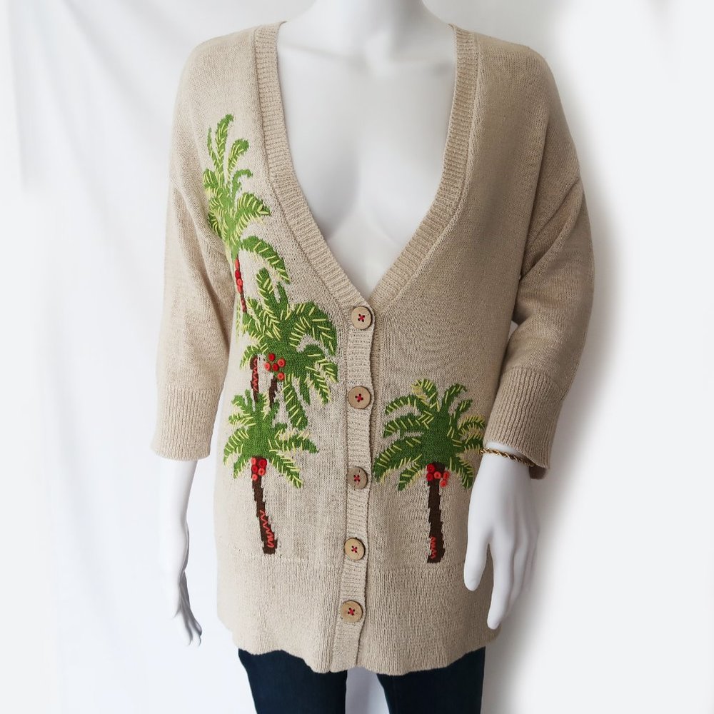 J Jill Tan Linen Blend Palm Tree Cardigan